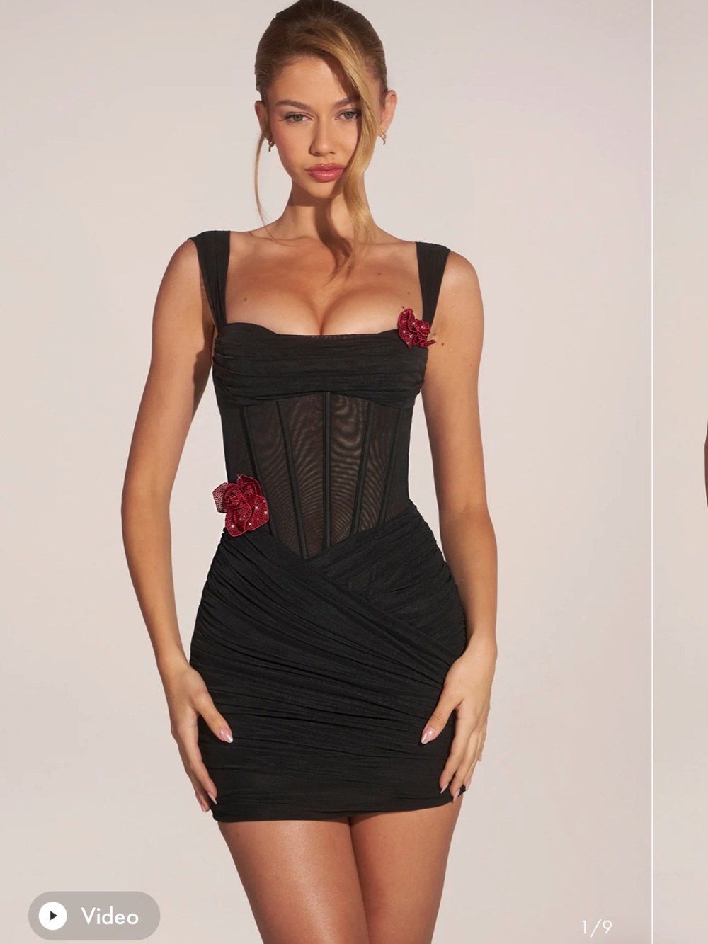 Oh Polly Black Mesh Corset Mini Dress with Red Floral Details